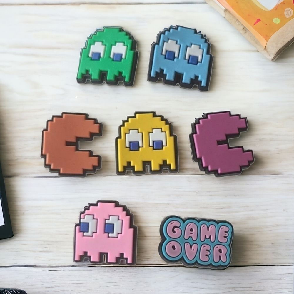 Pac-Man 7-pc Rubber Shoe Charms Game Over Ghost Video Game Arcade 80s Set